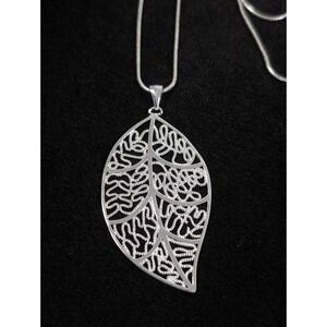 Boho Silver Tone Filigree Leaf Pendant Long Necklace 24"  Price